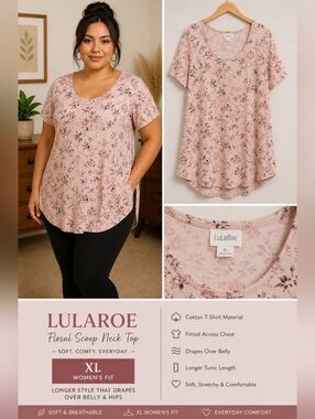 Floral Scoop Neck  Longer Style Women's Top - Blush Pink Lularoe Size XL 14/16